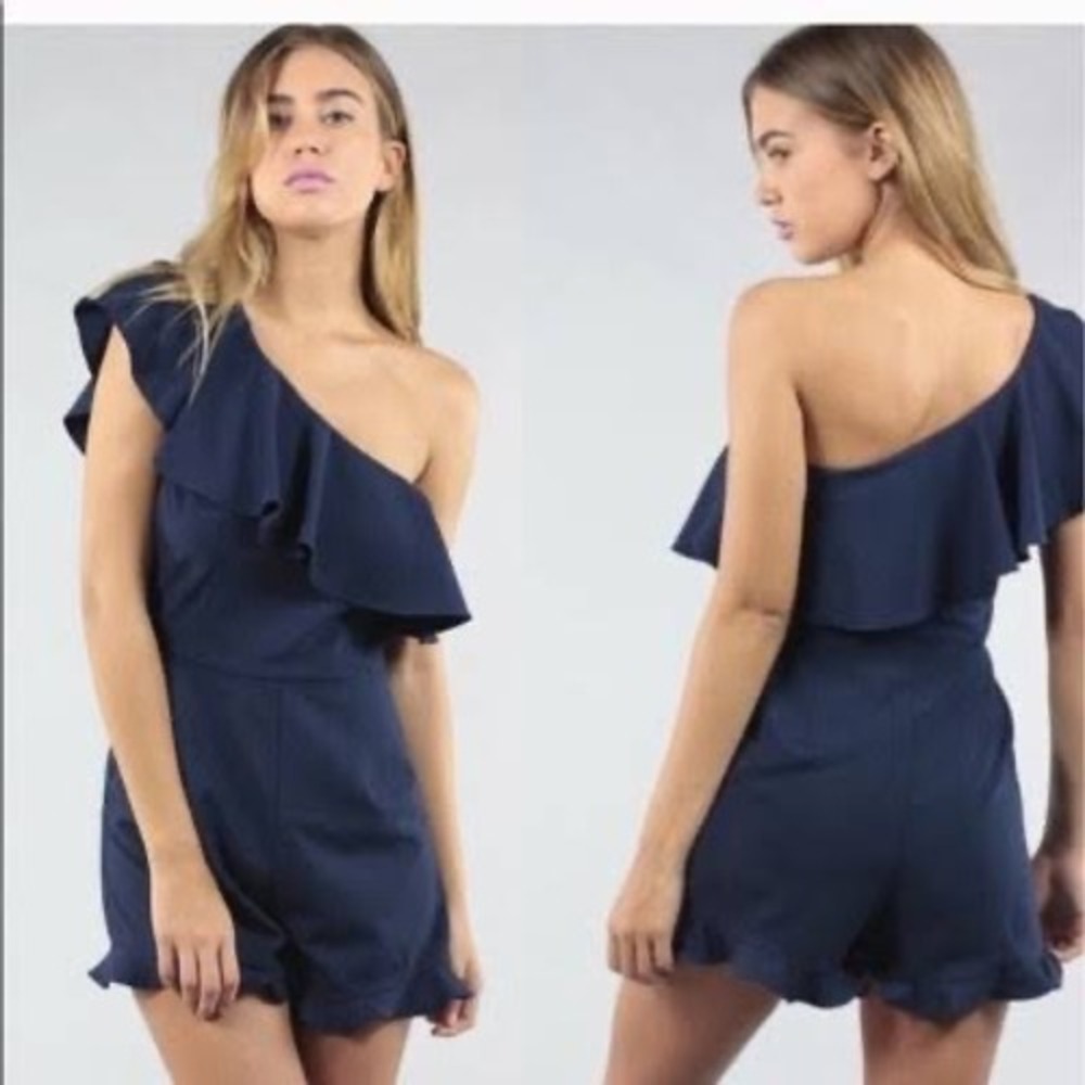 Anthropologie J BY J.O.A. Navy Blue One Shoulder Ruffle Romper JJ1020 Small
